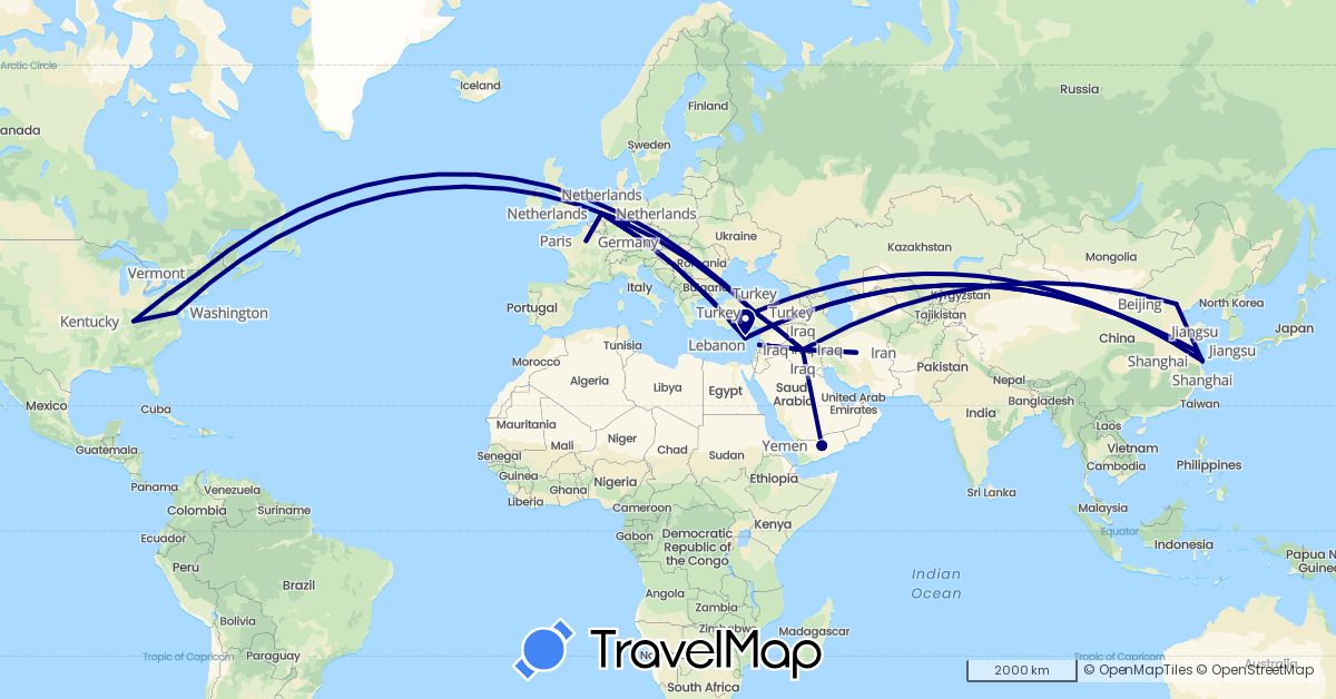 TravelMap itinerary: driving in China, Cyprus, Germany, France, Iraq, Iran, Lebanon, Netherlands, Turkey, United States, Yemen (Asia, Europe, North America)